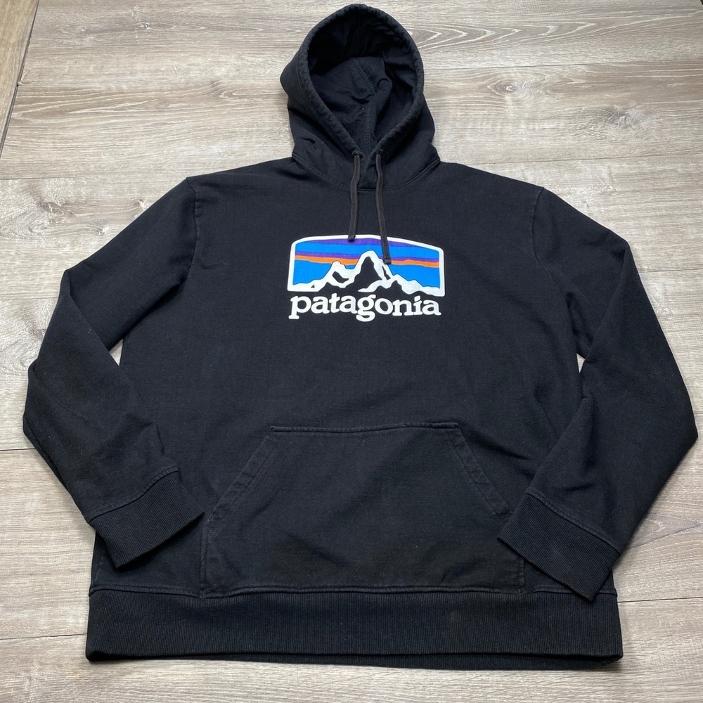 Patagonia Uprisal Hoody Mens XL Black Fitz Roy Logo Graphic Pullover Sweatshirt - Picture 1 of 9